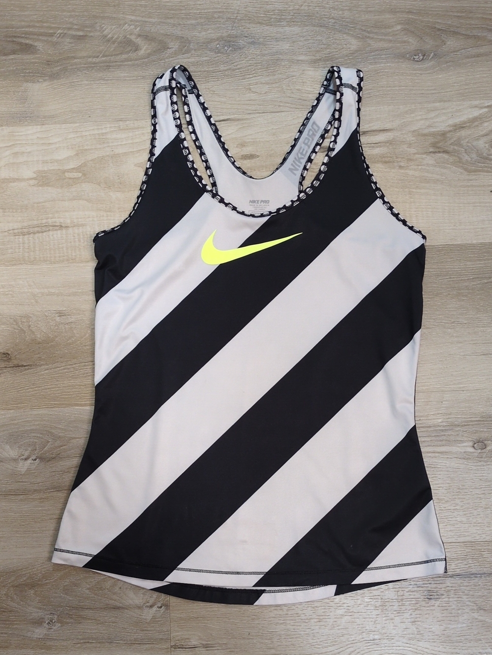 Nike Women's Black & White Diagonal Stripe Tank with Neon Yellow Swoosh